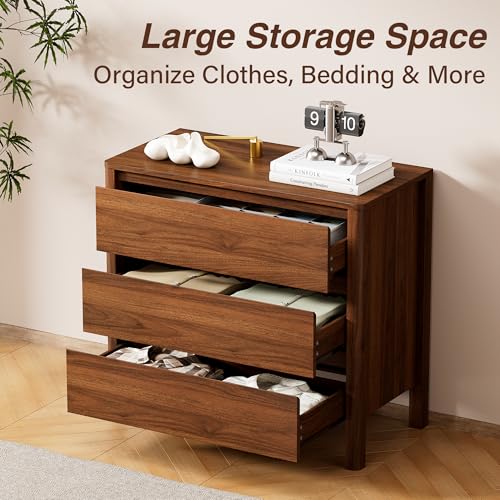 Image of Mid Century Modern Nightstand, 31.5 inch Wide Bedside Table with 3 Large Storage Drawers, Wood Legs, Wooden End Table for Bedroom, Walnut