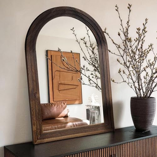 Arched Bathroom Mirror, 38"x26" Brown Wood Frame Wall Mirror - Image 2