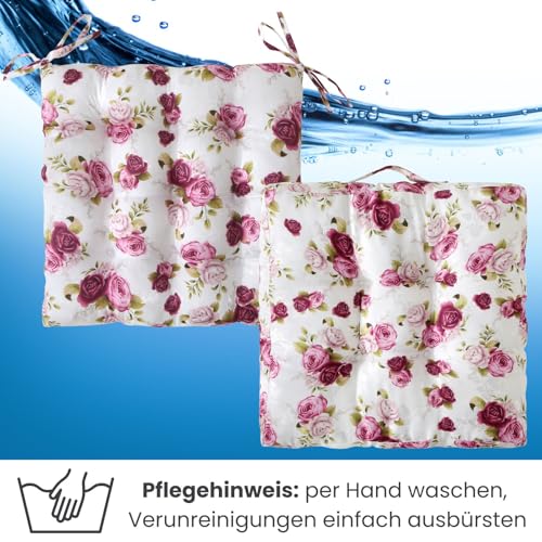 wometo 2er Set Sitzkissen Bodenkissen 40x40 8cm hoch Oeko-TEX - Landhaus Rosen-Motiv rosa pink weiß mit Tragegriff für Indoor und Outdoor