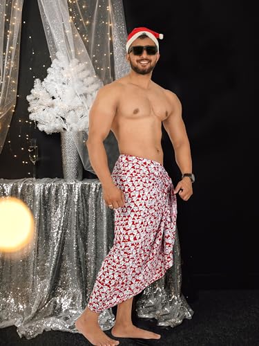 HAPPY BAY Men's Christmas Tree Swim Bath Trunk Swimsuit Regular Surfing Swimwear Sarong Long Pareo Beach Gifts Wrap for Men One Size Crimson, Santa3
