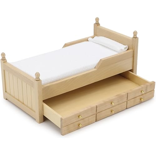Dollhouse Miniature Bed with Drawer 1:12 Wooden Furniture European Bedroom Bedding Furniture Accessories with Pillow & Mattresses Vintage Floral Fabric Mini House Decoration