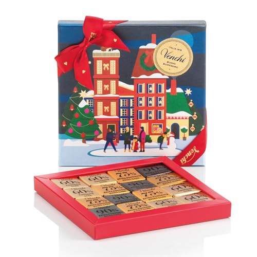 Venchi, Caja de Navidad con 16 Mini Blend de Chocolate Amargo, Chocolate Amargo al 60%, 75% y 90%, Edición Limitada, 47 Gr, Sin Gluten, Vegano, Idea de Regalo