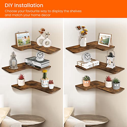 Homode Corner Floating Shelves, Set Of 3 Corner Wall Shelves With Wire Hole, L-Shaped Wood Storage Shelf For Wall Decor, For Bathroom Kitchen Bedroom, Rustic Brown And Black #TOP6