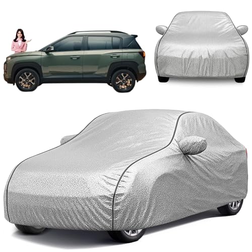 Image of Waterproof Car Body Cover for Hyundai Exter with Mirror and Antenna Pocket and Soft Cotton Lining (4 Side Elastic Triple Stitched & Metallic Silver