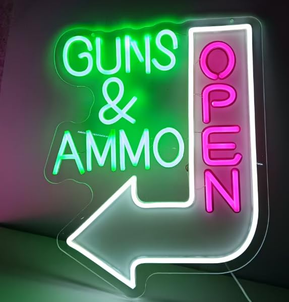 Image of Guns & Ammo Open Neon Signs, Gun Signs Lamp for Gun Store Guns Ammo Store Light 17 X 14 Inches High Definition Jet Graphic Printing Board Handmade LED Neon Tubing Signs