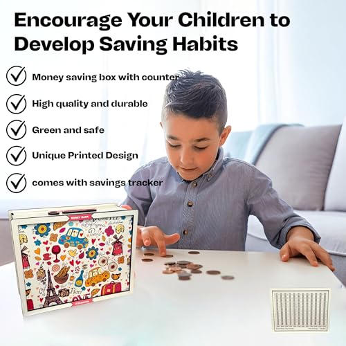 Image of Sketchfab Money Saving Box for Adult 100000, Wooden with Savings Tracker Bank Kids, Smart Piggy Bank, Box, Coin Box,Gullak Saver,Piggy Rs100000 Home Deal Gift Man, Women (Printed Cream)