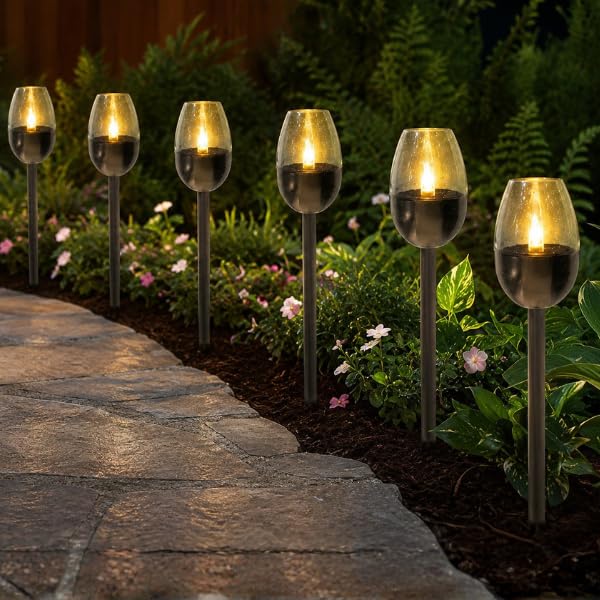 Garden Mile 6 x Flickering Solar Torch Lights with LED Flame Effect Waterproof Garden Stakes for Outdoor Yard Pathway Driveway Porch Patio Landscape Lawn Security Lighting Decor