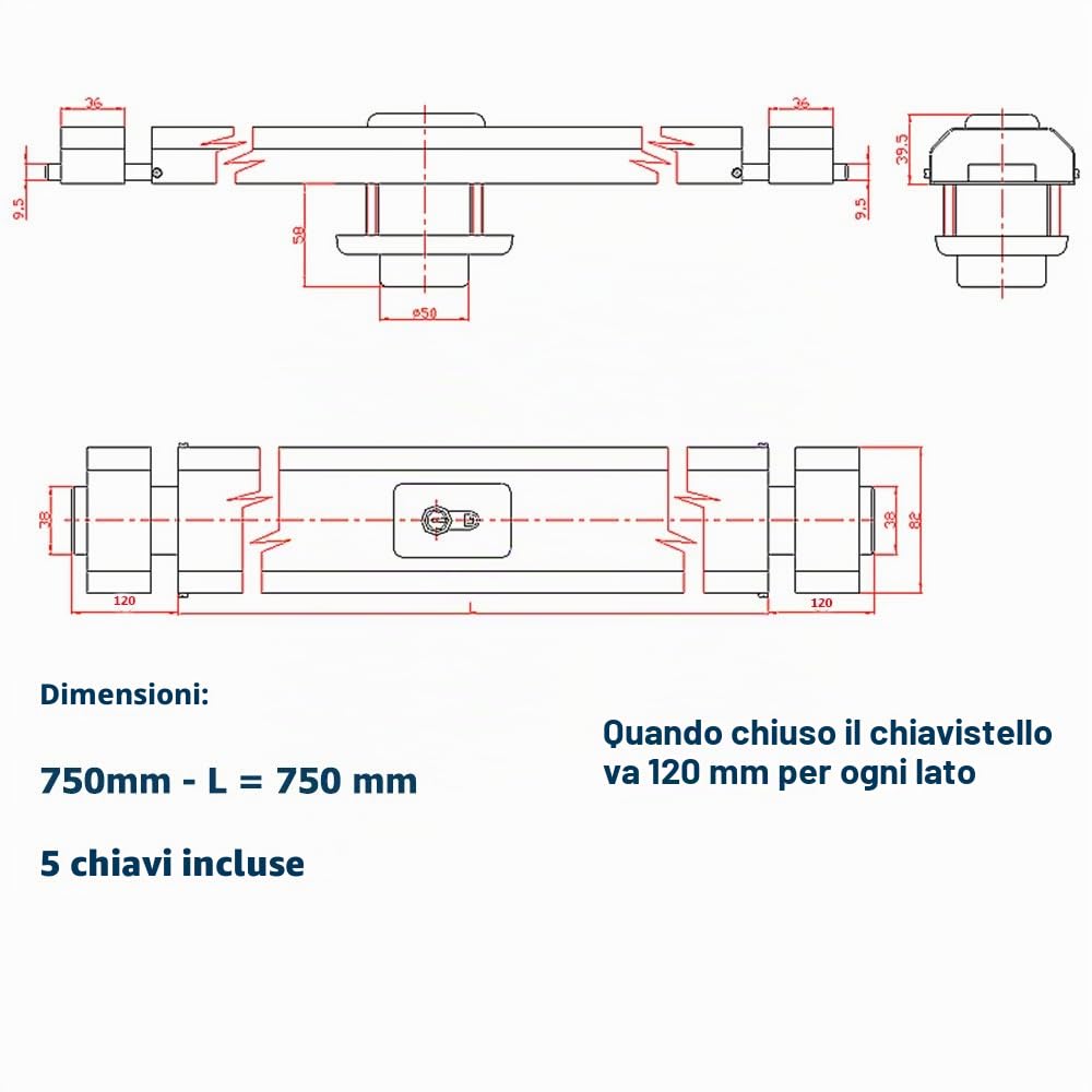 Ckey Serratura blindata orizzontale a cilindro per porta, mod. 750, bianco
