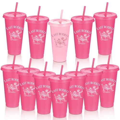Potchen 12 Pcs Bachelorette Cups Bulk 24 oz Plastic Cups with Lids and Straws Reusable Party Tumbler Cup for Bachelorette Bridal Shower Gifts(Cowgirl Pink)