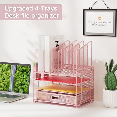 Image of Marbrasse Desk Organizers, 4-Tier Mesh Desk File Organizer with 5 Vertical File Holders and 2 Pen Holders, Multifunction Desktop Organizer,Desk Organizers and Accessories for Home Office (Pink)