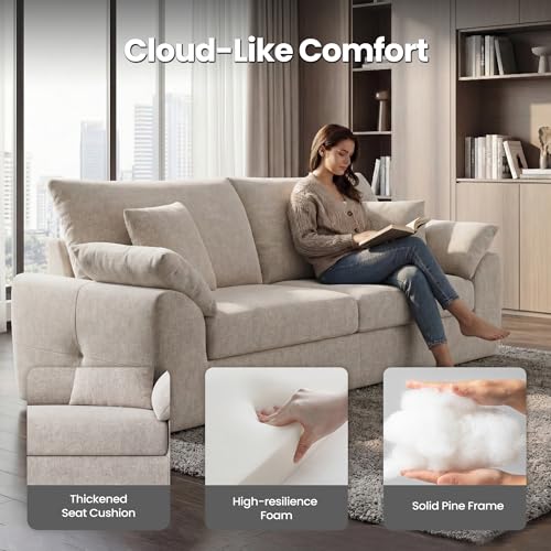 Image of 89.8 inch Modern Loveseat Sofa for Living Room, Cloud Boneless Couches with 4 Pillows, Mid Century Loveseat couches for Small Place, No Assembly Required, Camel