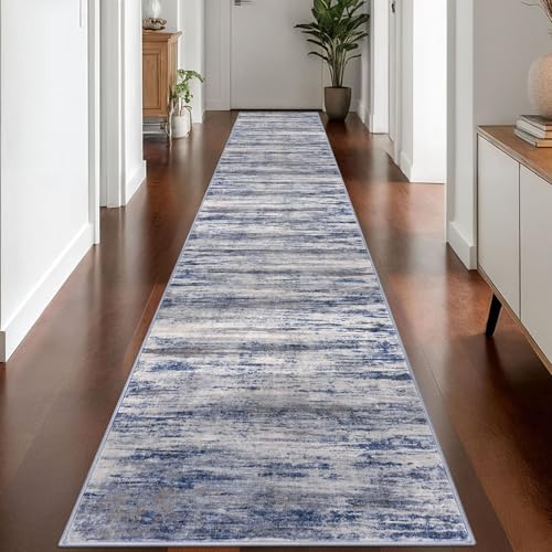 KOZYFLY Modern Abstract Washable Rug Runner 2.6x16 Hallway Rug Runner Non-Slip Soft Kitchen Runner Rugs, Distressed Grey-Blue Striped Carpet for Entryway Bathroom Laundry Room Foyer