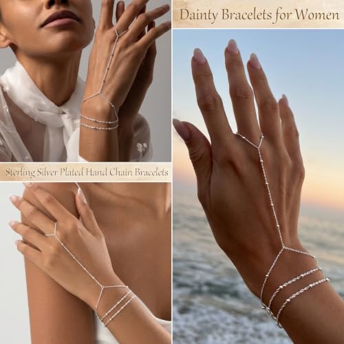 Image of Hand Chain Bracelet for Women Trendy, Dainty Silver Beaded Finger Ring Bracelet Non Tarnish Minimalist Adjustable Simple Cute Silver Bracelets Waterproof Fashion Jewelry