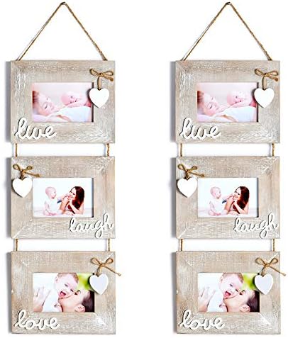 Yaetm Live Laugh Love Collage Hanging Picture Frame 4x6, 2 pack, Solid Wood 3 Photo Frames Set, Wall Mount Verticval Display, Rustic Grey