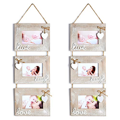 Yaetm Live Laugh Love Collage Hanging Picture Frame 4X6, 2 Pack, Solid Wood 3 Photo Frames Set, Wall Mount Verticval Display, Rustic Grey #TOP2
