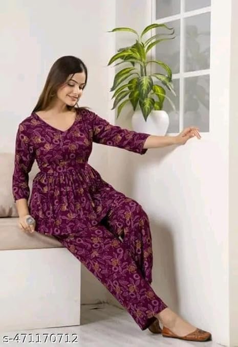 Image of Womens Rayon Printed Co-ord Set Stylish Casual Wear Top & Bottom Set Comfortable Wear Two Piece Outfit