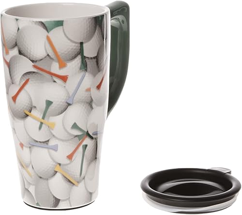 Spoontiques Taza de viaje de cerámica de golf, taza de café para café, té, chocolate caliente y regalos de vacaciones, 18 onzas