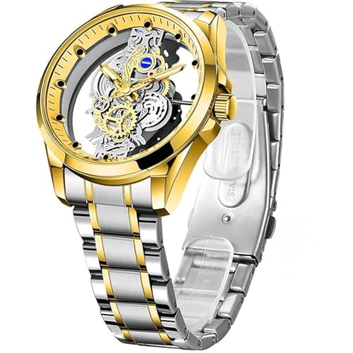 Luxury Skeleton Watch for Men, Two-Tone Silver and Gold Stainless Steel Band, Transparent Glass Display, Mens Wrist Watches