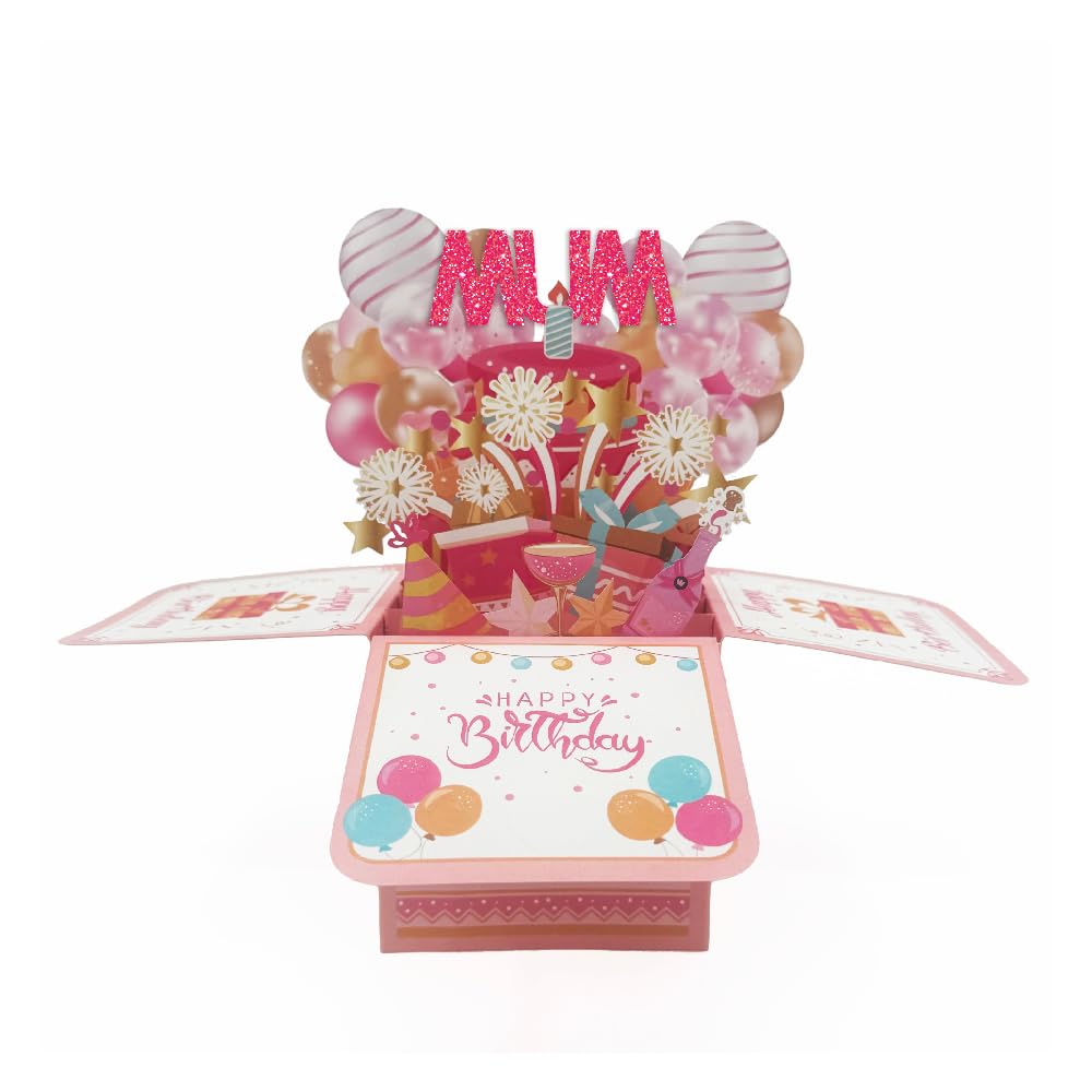 3D Pop Up Birthday Card, Happy Birthday Gift Box Design with Balloons and Fireworks, 20 x 21 cm, Pink (MUM)