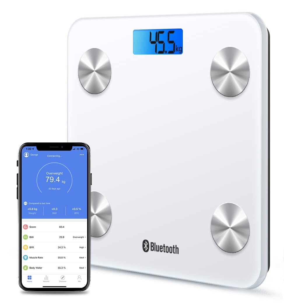 HF Bilancia Pesapersone, Professionale Impedenziometrica Bluetooth Digitale con App Misura Peso Corporeo, Massa Grassa, BMI, Massa Muscolare, Massa Ossea, Proteine (Bianco con retroilluminazione blu)