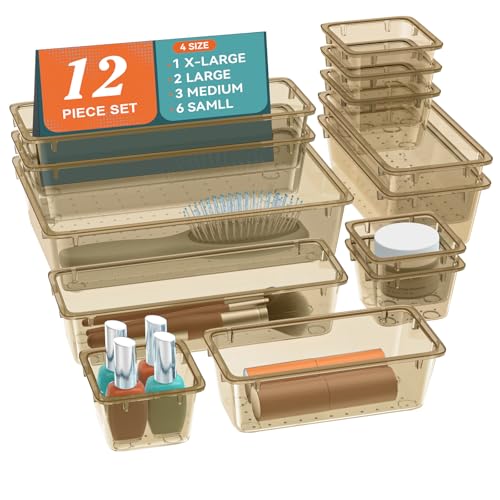 Image of ElegantArray 12 PCS Drawer Organizer Set, 4 Sizes Tool Storage Trays, Clear Plastic Makeup Vanity Organizer and Storage Bins for Stationeries, Multiple Gadgets for Office, Bedroom, Champagne