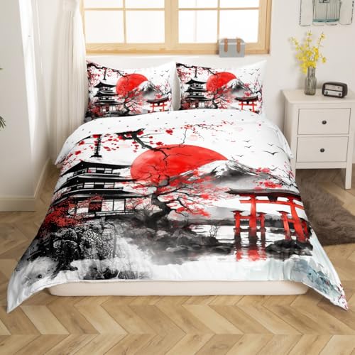 jejeloiu Japanese-Style Comforter Cover Toddler Kids Cherry Blossoms Building Bedding Set for Boys Girls Sunset Fuji Mountain Decor Spring Sakura Flower Duvet Cover Room Decor (No Comforter)