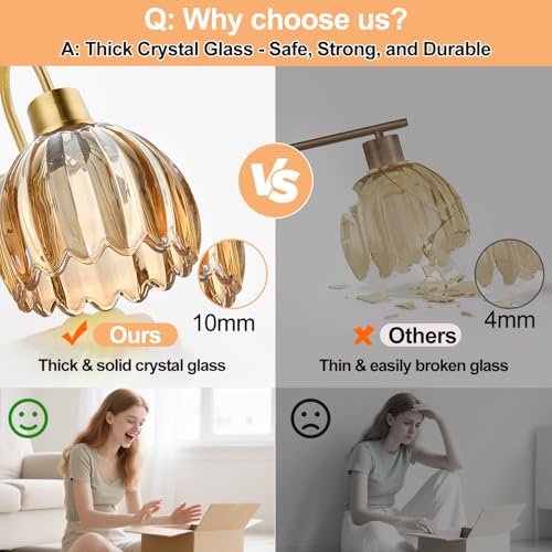 Image of 2-Pack Brushed Gold Bathroom Vanity Light, Single-Head Wall Sconce with Ribbed Amber Tulip Glass Shade, Vintage Bathroom Light Fixtures for Bedroom, Hallway & Bedside (Bulbs Not Included)