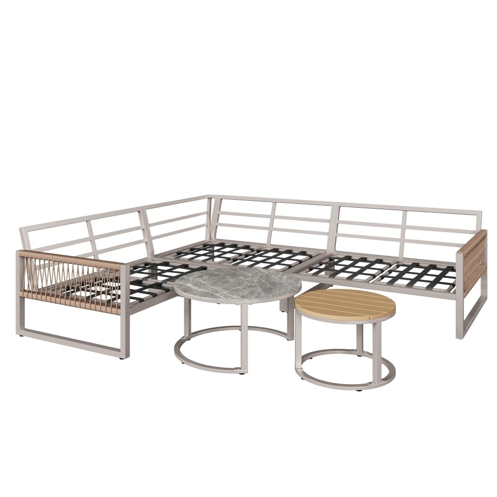 Gartenmöbel Lounge Set, Lounge Möbel Outdoor für 6-7 Personen, Ecksofa mit Verzinktem Eisengestell, Verstellbare Beine, Inklusive Aller Sitz- und Rückenkissen - Beige
