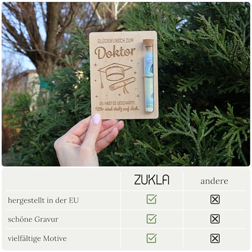 ZUKLA Verpackung für Geldgeschenke Doktor - 13 x 10 cm - mit Reagenzglas - Promotion Geschenk 2025 - Geldgeschenk Verpackung aus Holz - Doktortitel Geschenk