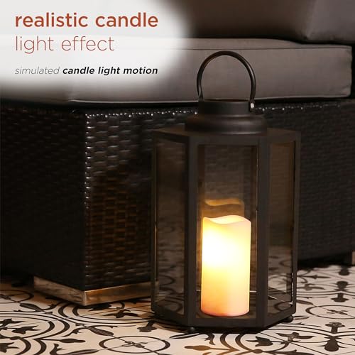 Image of Alpine Corporation 14 inch Tall Outdoor Hexagonal Battery-Operated Metal Lantern with LED Lights, Black