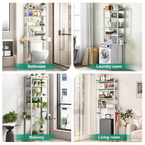 Image of Kalrin Over-The-Toilet Storage Rack, 4-Tier Bathroom Organizer Shelf Over Toilet with Adjustable Shelf and Basket, Freestanding Space Saver Bathroom Shelves Above Toilet for Room (Avocado Green)