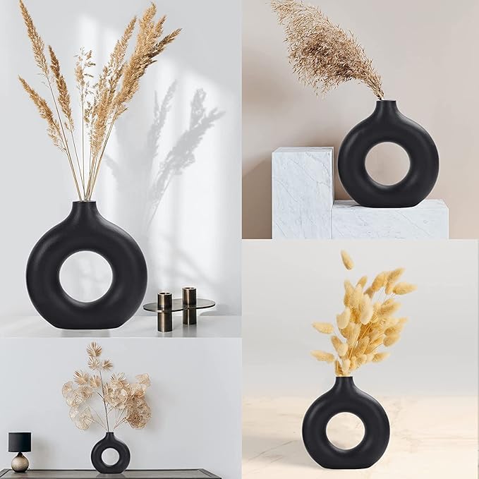 Image of White Donut Vase Hollow Ceramic Vase for Flowers Handmade Minimalist Style Modern Home Decor Round Shape Table Party Living Room Office Bedroom (Black Medium)