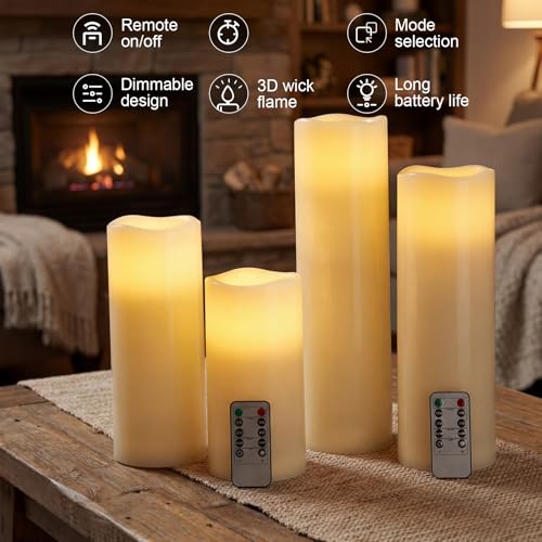Image of Rossesay 8 inch 10 inch 12 inch 14 inch x 4 inch Large Waterproof Outdoor Flameless Candle, 4 Pcs LED Pillar Candle with Remote and Timer Battery Operated Jumbo Flickering for Halloween Xmas Church (Ivory White, Vivid)