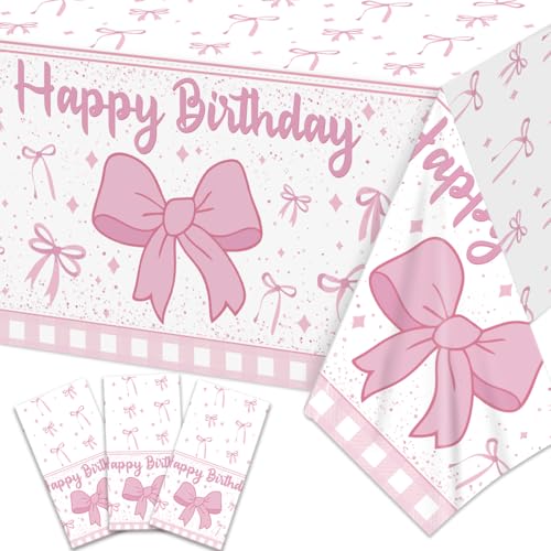 3Pcs Pink Bow Birthday Decorations Coquette Birthday Tablecloths Happy Birthday Table Cloth for Women Disposable Plastic Table Covers for Bow Birthday Party Supplies 54 * 108inch