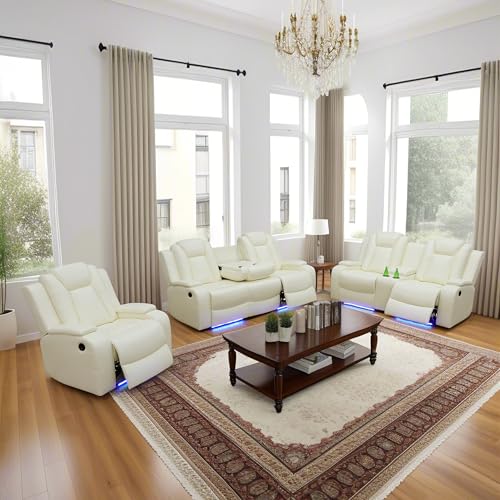 Sillón reclinable piel crema con 3 asientos miniatura 7