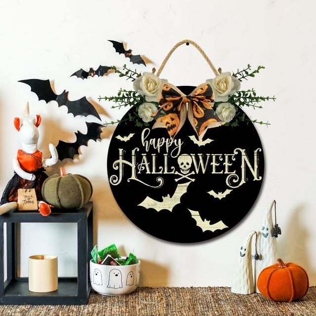 Miniatura 4 de Letrero colgante de madera rústico de 12 pulgadas para puerta delantera, corona con lazo, decoración interior y exterior para el hogar