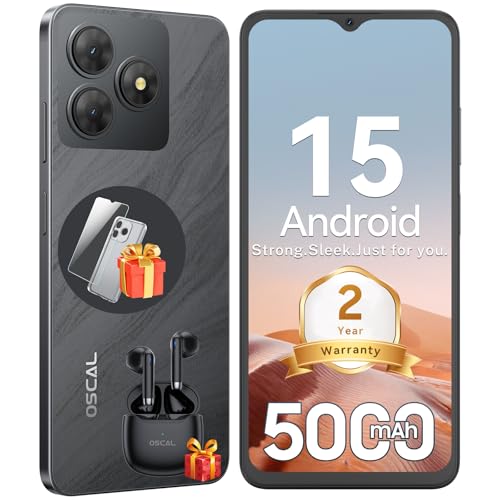 OSCAL Mobile Phones, FLAT 2 Android 15 Smart Phone (2025), Sim Free, 12(4+8)+128GB/2TB TF Octa Core, Gemini AI, 5000mAh, 90Hz, 6.56" HD+ Screen, 4G/Dual Sim Unlocked/GPS/Fingerprint/Face ID-Black