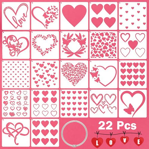 22 Pcs Heart Stencils for Crafts Reusable 6x6 in Valentine Stencils for Painting on Wood/Wall/Canvas Romantic Heart Templates Love Stencil Drawing Spraying Template for DIY Cards Home Decors Arts