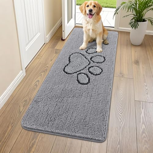 Image of Smiry Dog Door Mat for Muddy Paws, Absorbent Dirt Trapper Non Slip Quick Dry Washable Chenille Mat for Mud Dogs, Entry Rug for Indoor and Outdoor (59x20 Inches, Grey and Black)