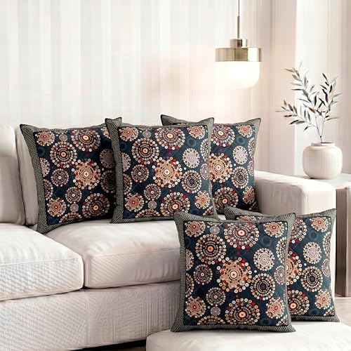 Image of Nendle Printed Holland Velvet Cushion Covers Set of 5, 16 x 16 Inches (40 x 40 cm), Decorative Sofa Cushion Cover with Zipper Closure, Floral Geometric Abstract Bohemian Designs, Multicolor