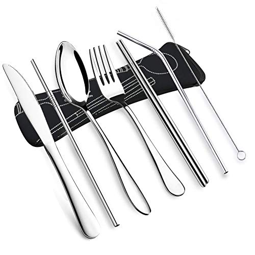 Authentic Crazy Deals VICSOME 8Pcs Camping Flatware Set, Portable Stainless Steel Utensils Knife Fork Spoon Chopsticks Straw with Zipper Case Cotton Flannel Bag Eco-Friendly Ideal for Outdoor Camping Office(Black)