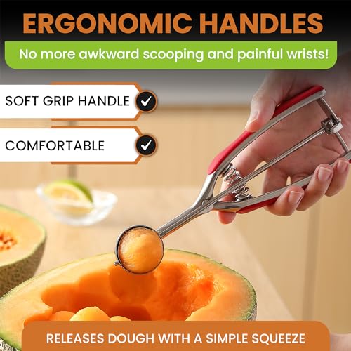 Image of Spring Chef Red Small 1 Tbsp Stainless Steel Cookie Scoop for Baking - Multifunctional Melon Baller - #60 Cookie Dough Scoop with Trigger Release for Ice Cream, Protein Ball - Fruit Scooper and Baller