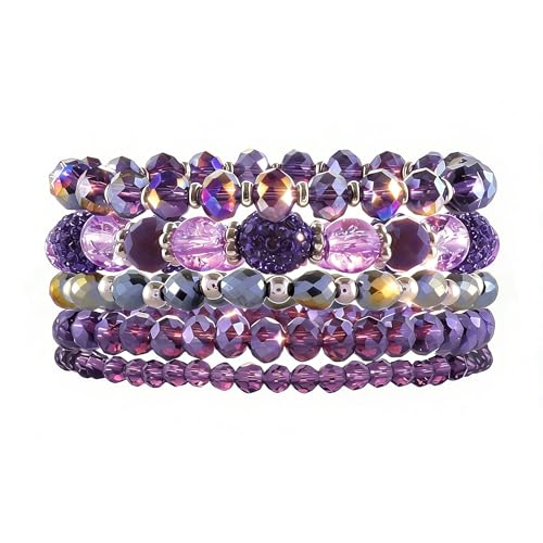 Eiodoni 5PCS Purple Bracelets for Women Stackable Bohemian Glass Crystal