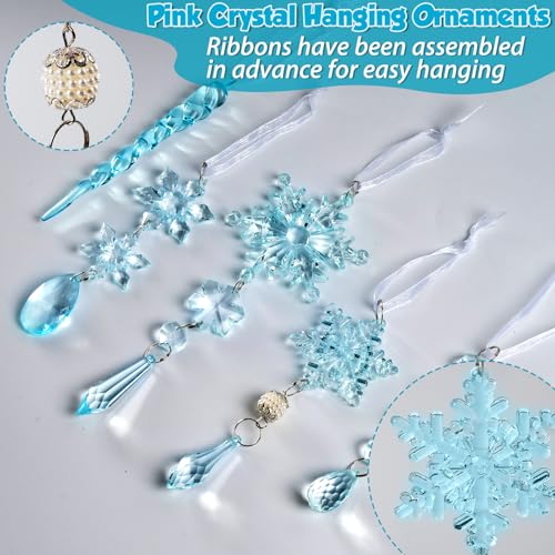 Image of 18pcs Crystal Christmas Ornaments for Christmas Tree Decorations-Blue Hanging Acrylic Snowflake and Icicle Ornaments with Drop Pendants for New Year Party Decorations Supplies