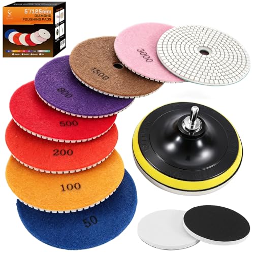 Lot de 11 disques abrasifs diamantés humides pour granit, pierre, béton, marbre, disques abrasifs diamantés de 125 mm pour polisseuse et meuleuse d'angle, grain mélangé 50# - 6000#, avec 2 tampons en