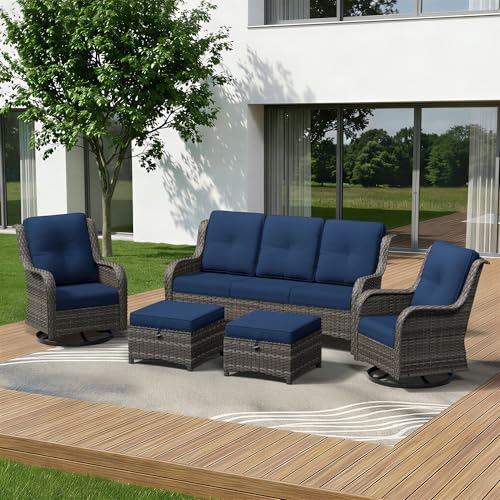 Image of 5 Piece Outdoor Wicker Patio Furniture Set, Outdoor Swivel Rocker Patio Chairs Set with Thickened Olefin Cushions, High Back and Deep Seating, Hand-Woven PE Rattan for Porch, Deck