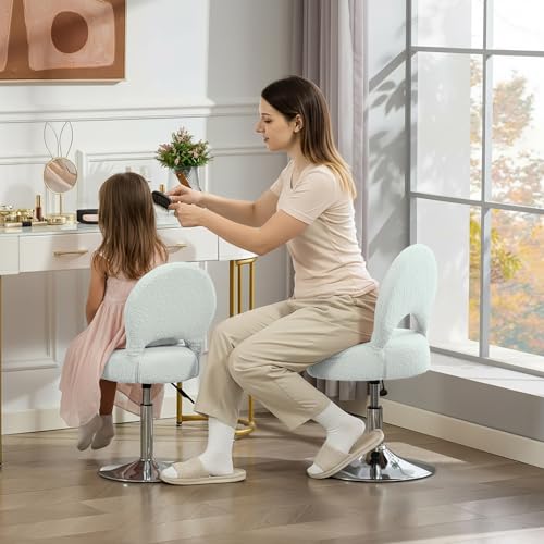 Image of Adjustable Small Vanity Chair with Folding Back for Makeup | 360 Swivel Vanity Stool for Dressing Room | Comfy Teddy Ottoman Stool for Bedroom | Large | Beige