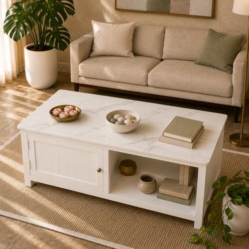 Image of Solid Wood Madrid Coffee Table | Premium Sintered Stone Center Table for Living Room | Wooden Centre Table | Finish- Premium Acrylic White
