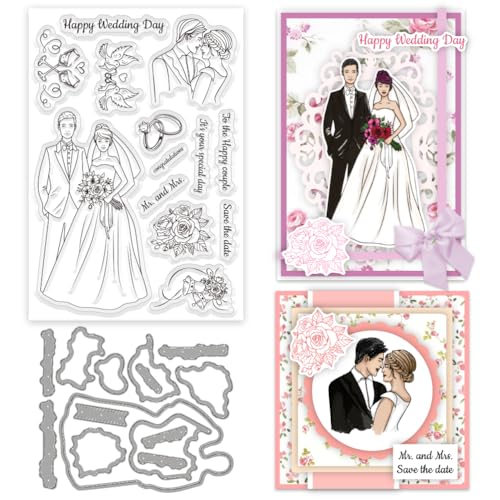 INFUNLY „Happy Wedding Day“-Stempel Und Stanzformen-Set, Braut Und Bräutigam, Wiederverwendbare Silikonstempel, Blumenstrauß, Transparentes Siegel, Hochzeitssegentext, Gummistempel Für Die Kartengesta