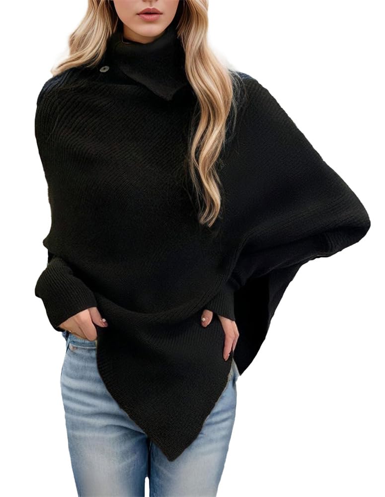 Epsion Womens Turtleneck Poncho Sweaters Cape Chunky Knit Batwing Sleeve Shawl Wrap